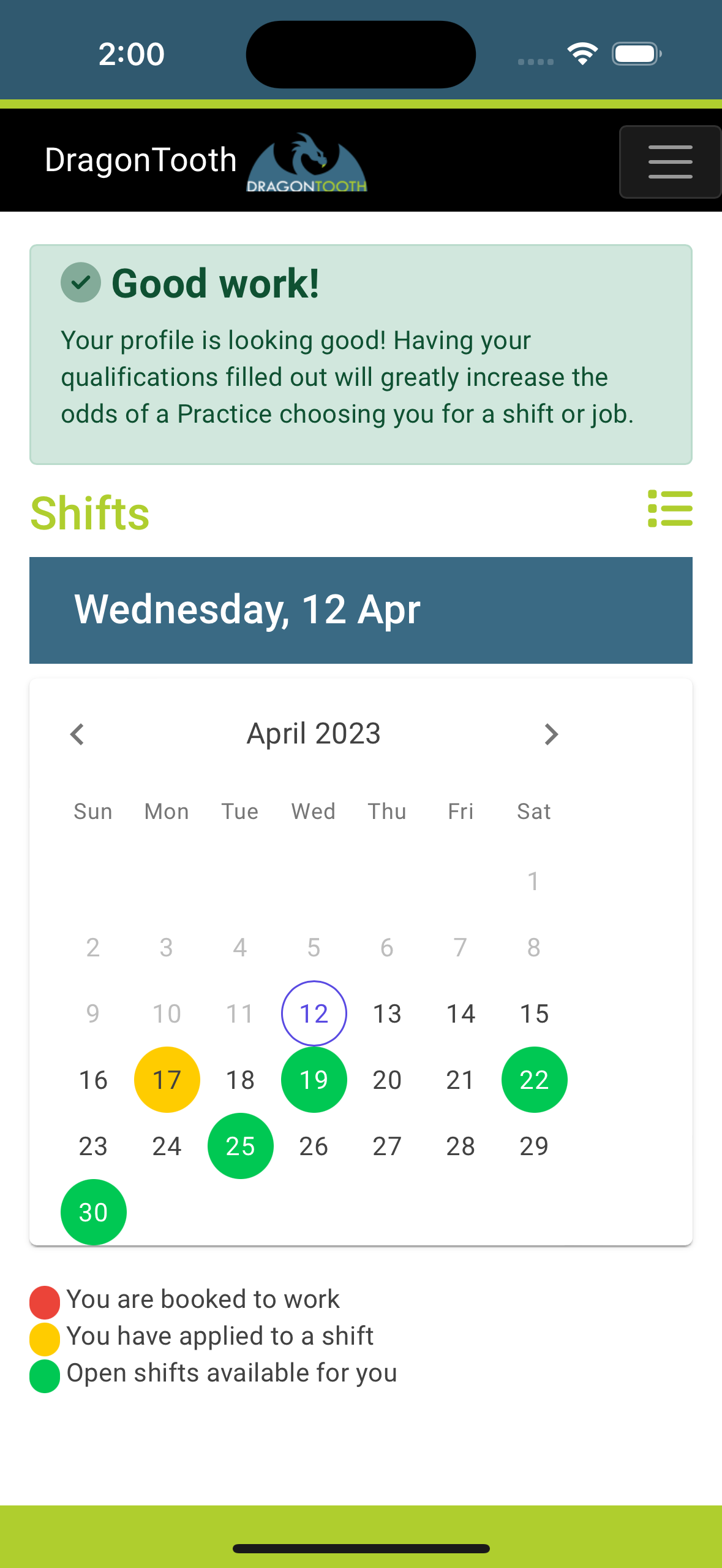 DragonTooth mobile app calendar view