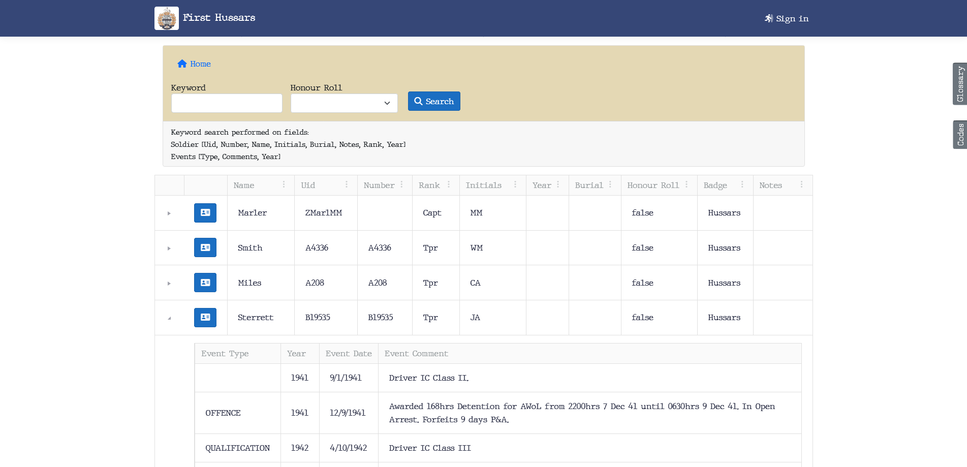 Hussars Search Page